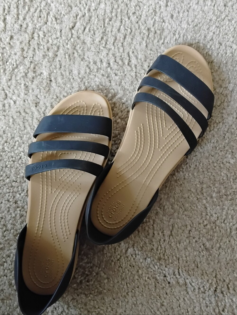 CROCS Women's Black Strappy Slide Sandals with Beige Footbed
